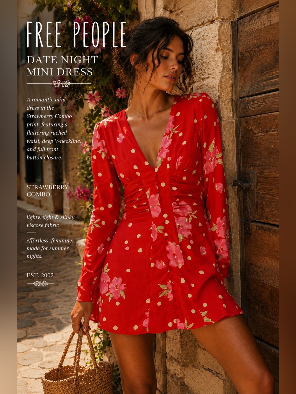 Free People Date Night Mini Dress Medium Strawberry Combo Red Floral Polka Dot
